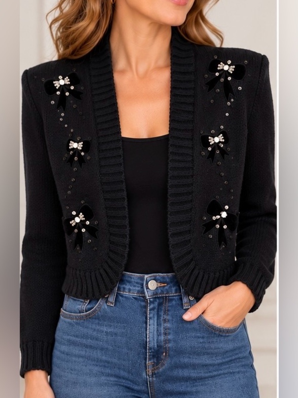 Vintage Jamie Scott Black Velvet Bow Rhinestone Cardigan Sweater S